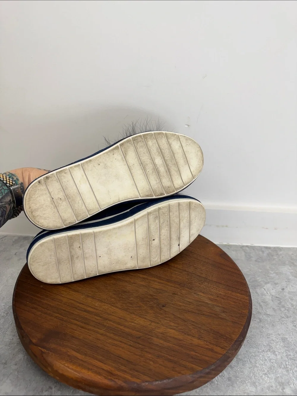 Sondra Roberts Navy Slip-On Sneakers with Red and Black Faux-Fur Poms‎